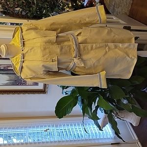 Dennis Basso cream raincoat removable hood navy white yellow accent belted L EUC